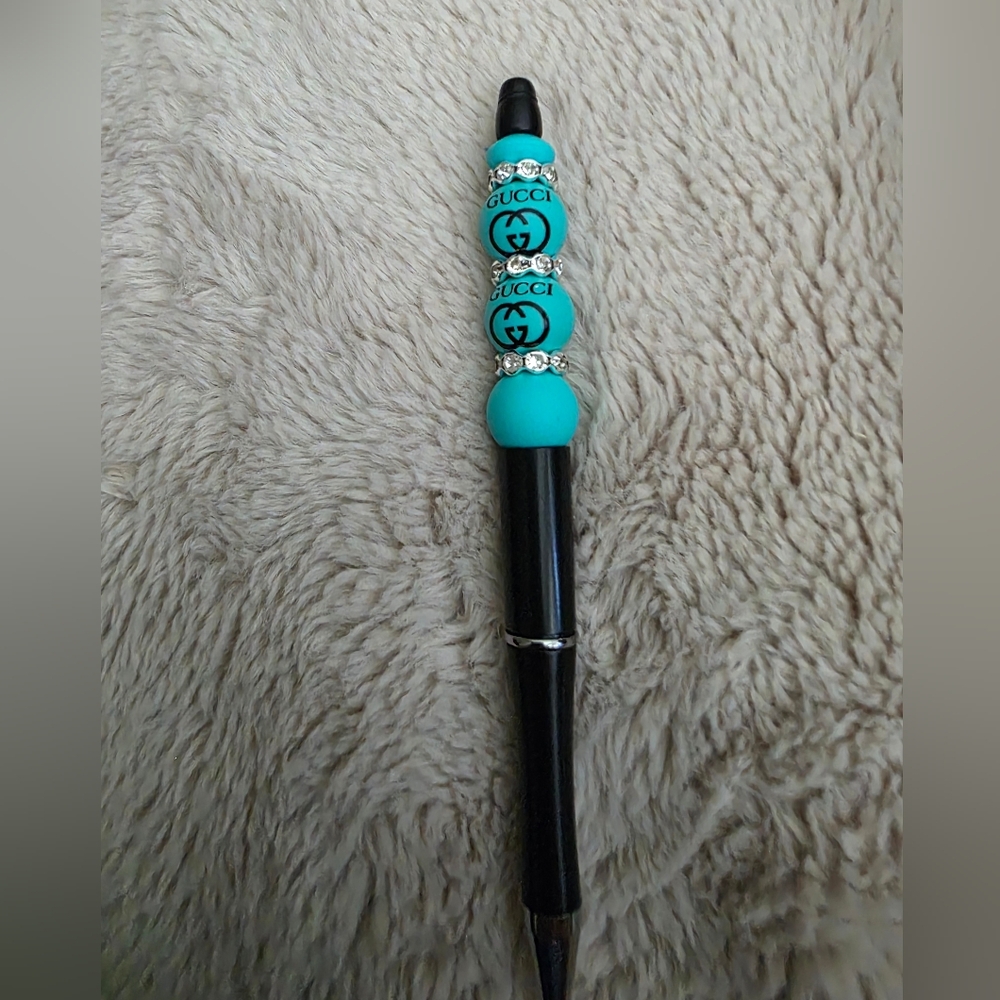 Luxury Designer Black and Teal Beaded Writing Instrument 1 Ink Refill Included